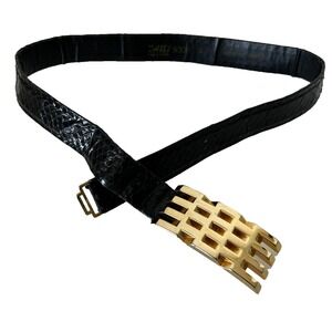 Abbe Creation Snakeskin Belt Size Small Brutalist Large Buckle Gold Tone Black
